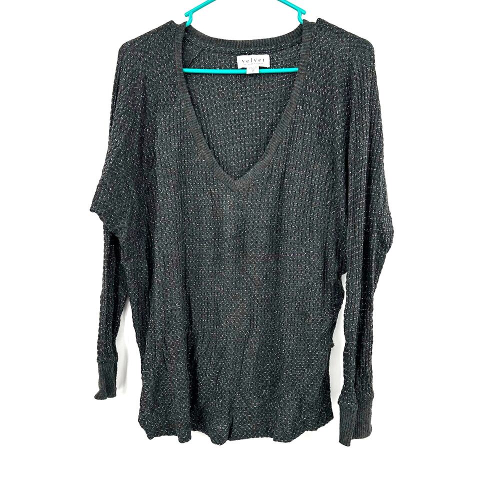 Velvet Size Medium Sweater Gray Loose Knit V Neck Pullover Basic Casual Layers‎